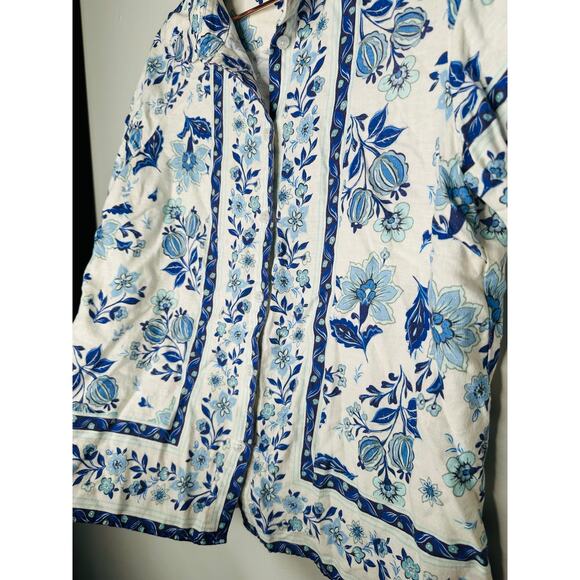 YUMI KIM Blue White Button Down Short Sleeve Carly Linen Top Size Medium - Picture 7 of 9